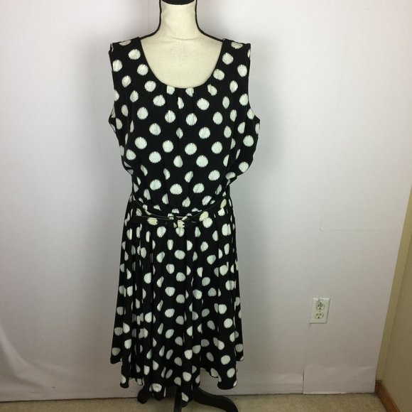 Alfani Dress Sz 16 Womans Black White Polka Dot Sleeveless Elastic Waist Belted - Picture 1 of 15
